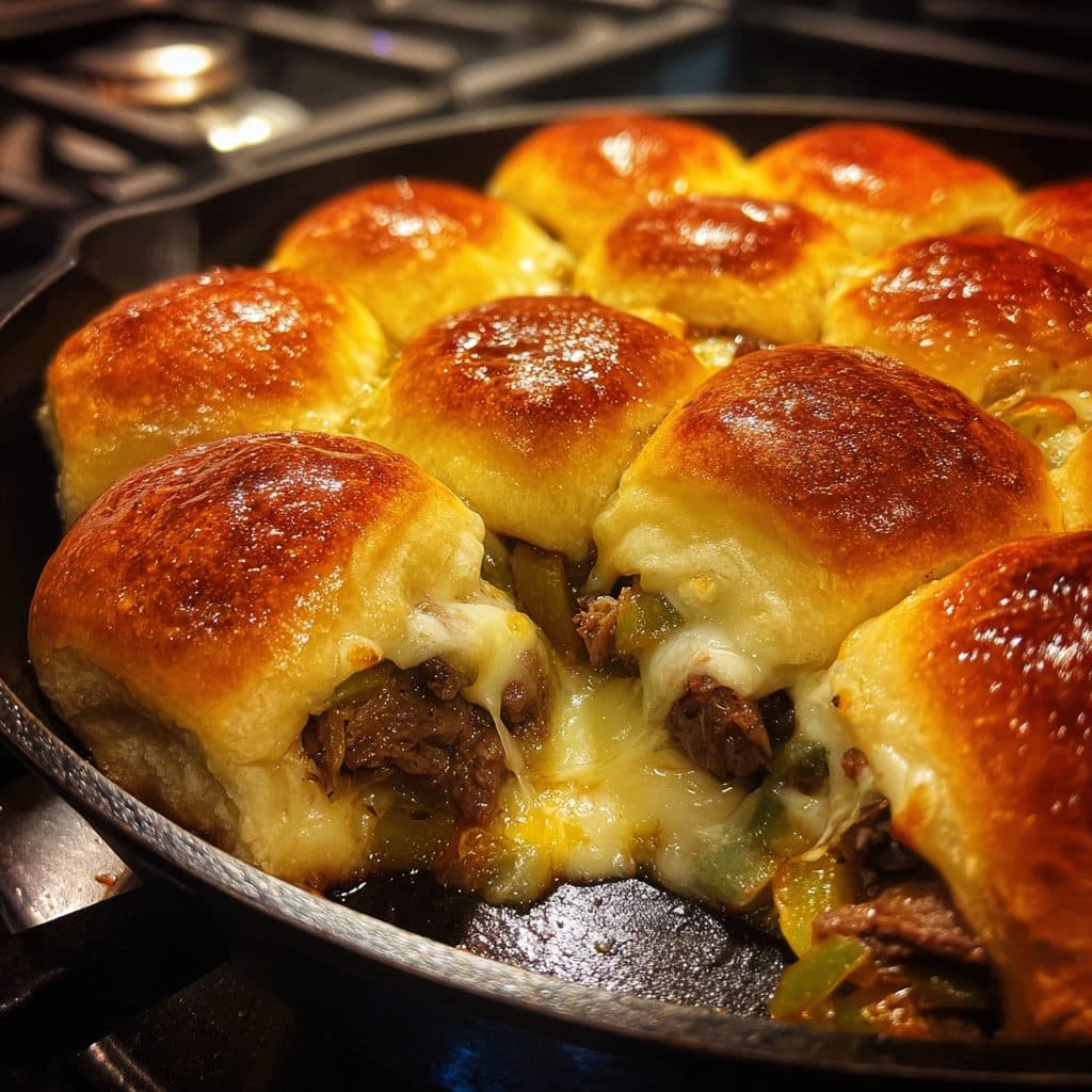 A pan of baked cheesesteak sliders with melted cheese