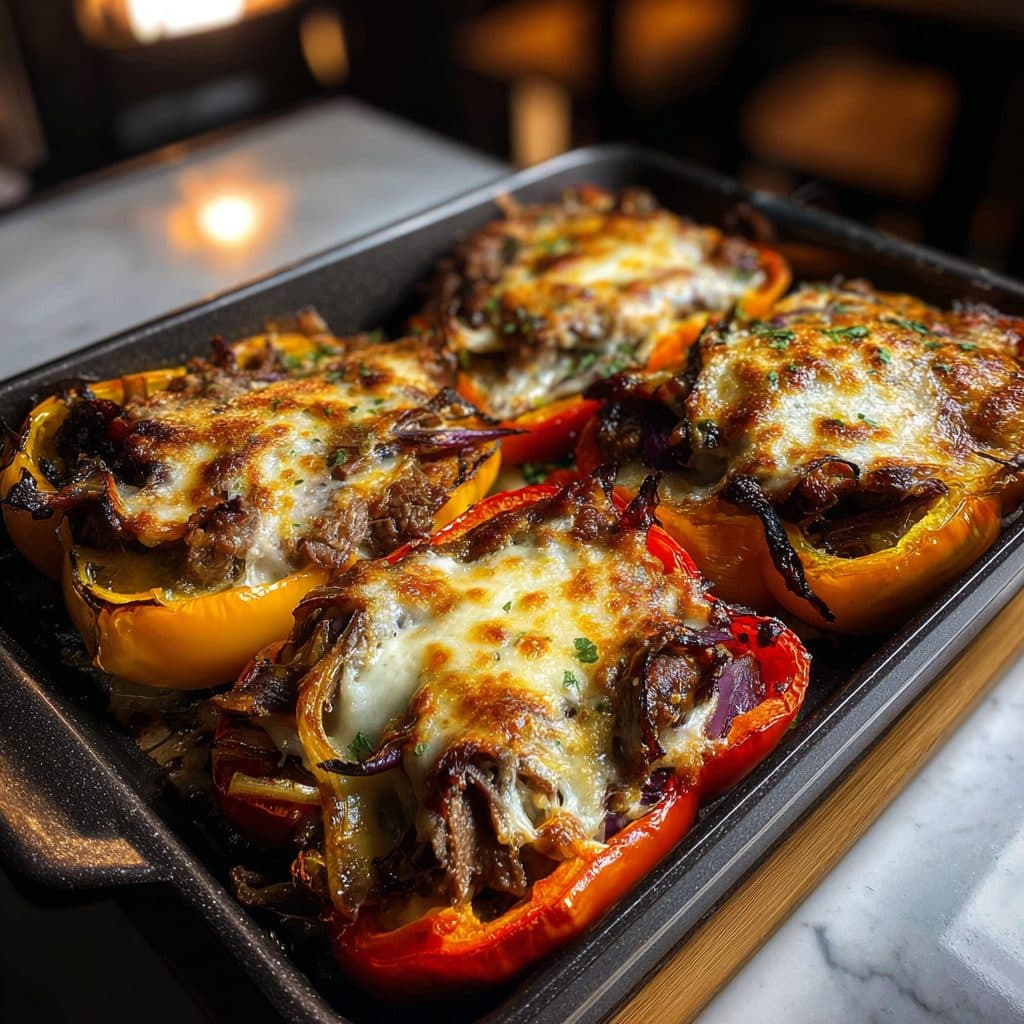 Bell pepper halves stuffed with steak, onions, and melted cheese