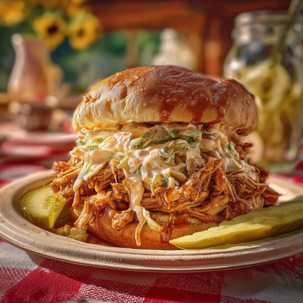 A pulled chicken sandwich with coleslaw on a potato bun