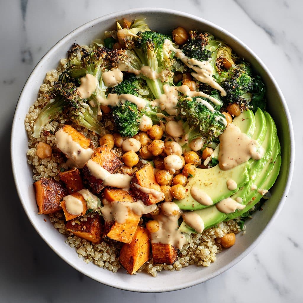 A colorful quinoa grain bowl with roasted vegetables, chickpeas, and avocado in a white bowl