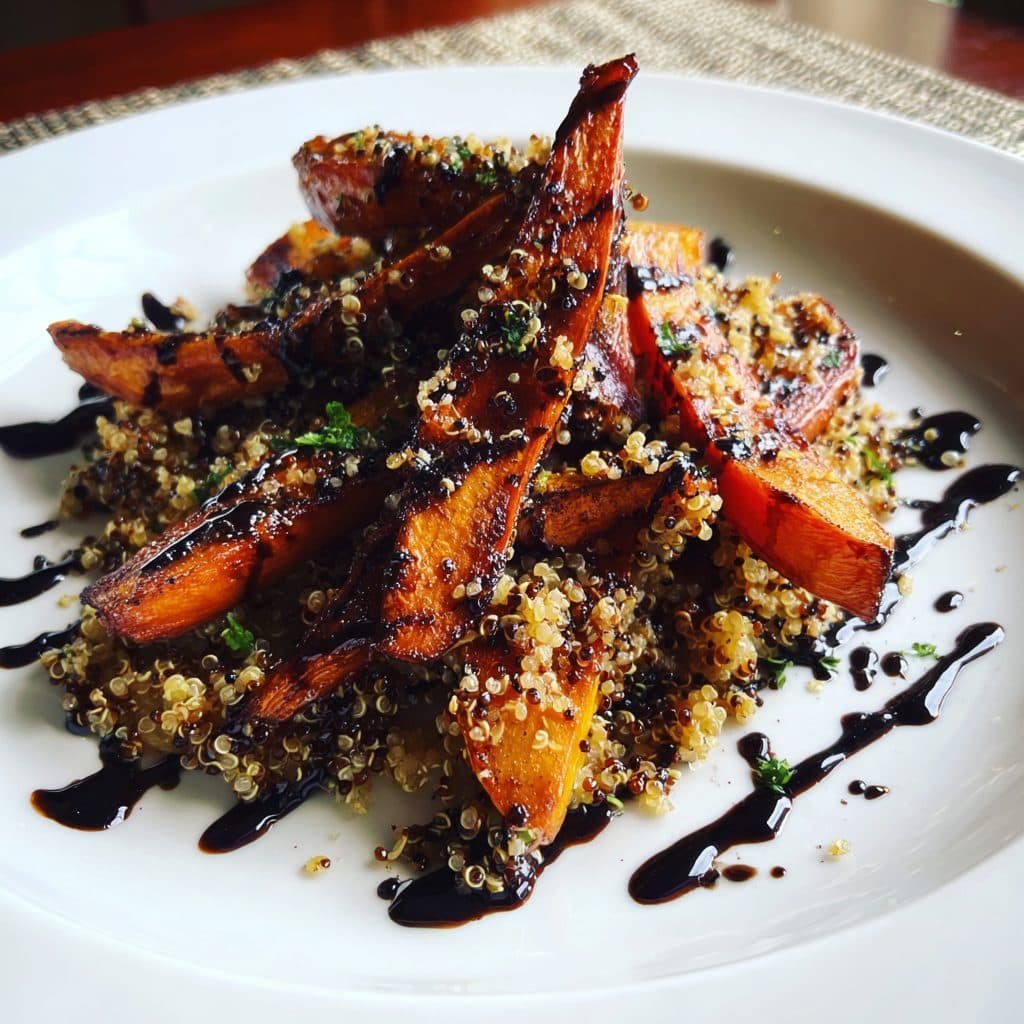A colorful salad of quinoa and roasted vegetables in a bowl.