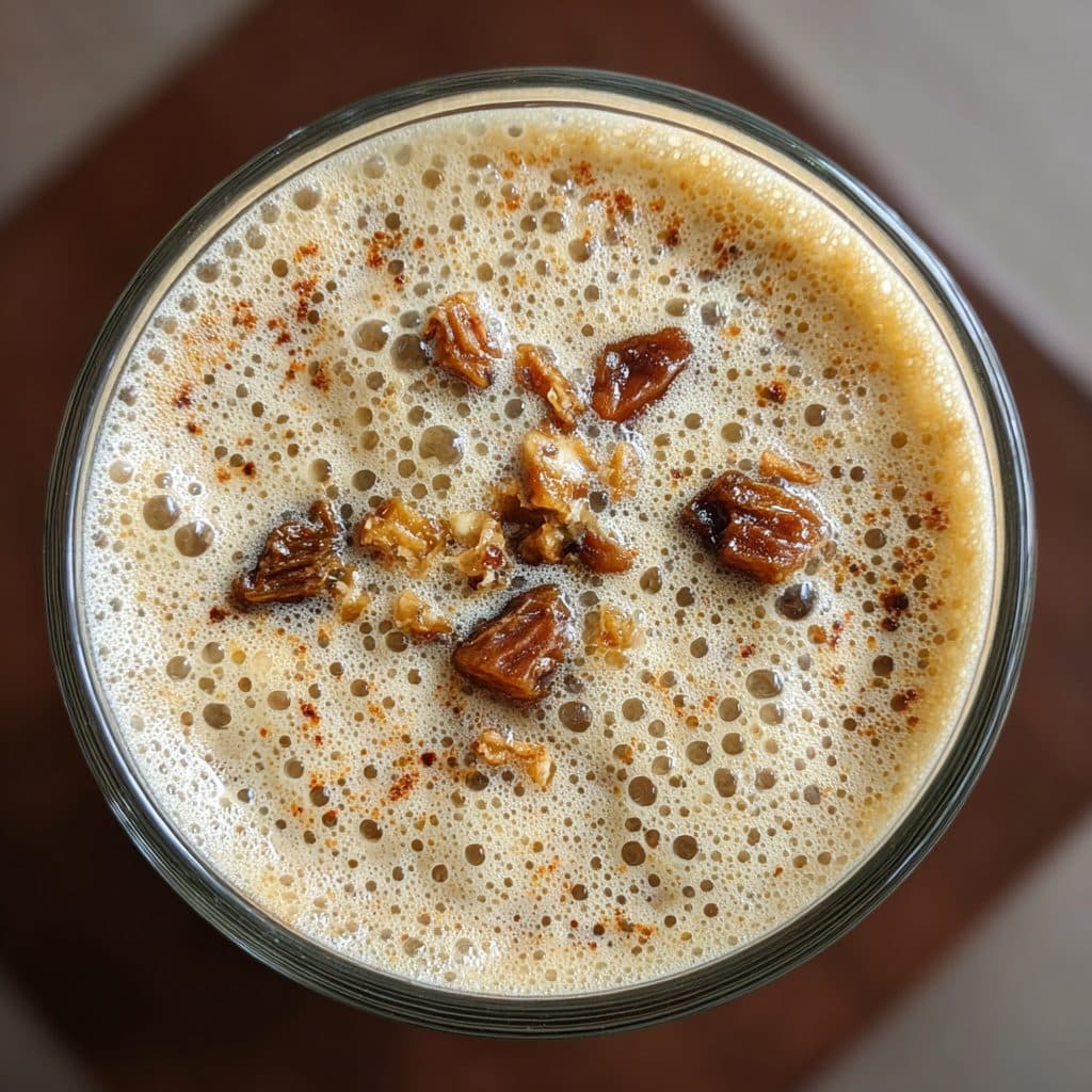 A creamy brown smoothie topped with crushed almonds and a sliced date.