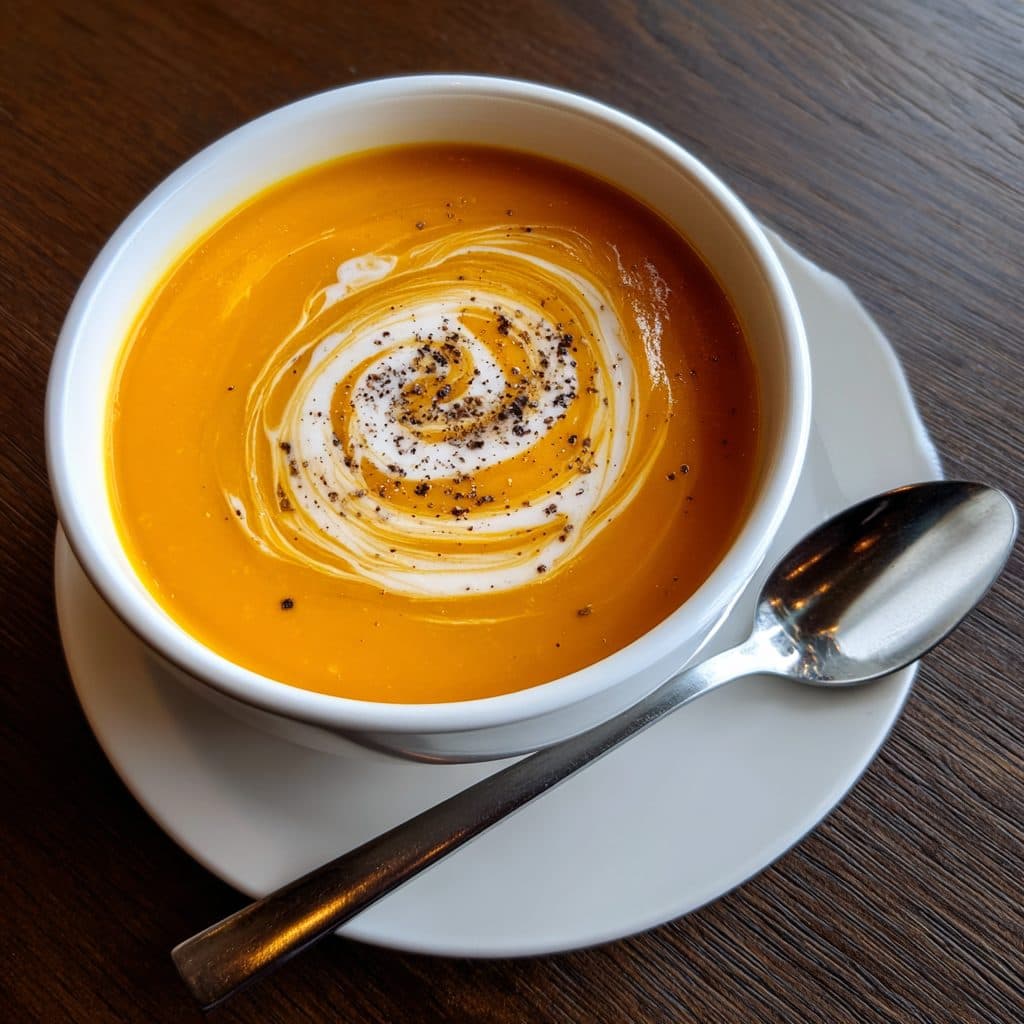 A creamy bowl of roasted carrot and ginger soup with a swirl of coconut cream