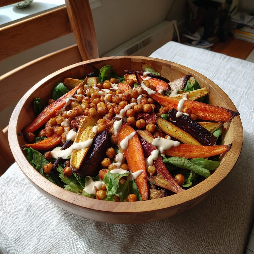 Roasted Root Vegetable & Chickpea Salad with Lemon-Tahini Dressing