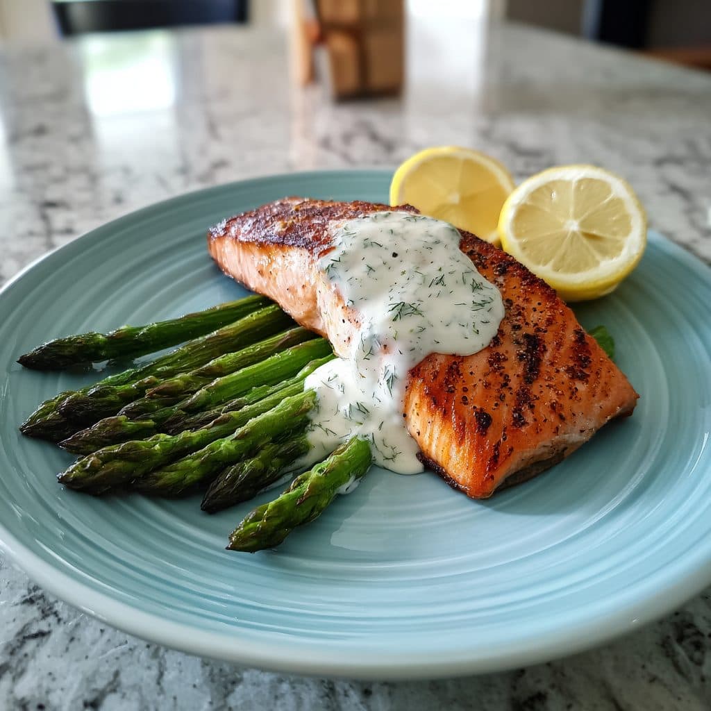 Roasted Salmon with Asparagus and Lemon-Dill Sauce