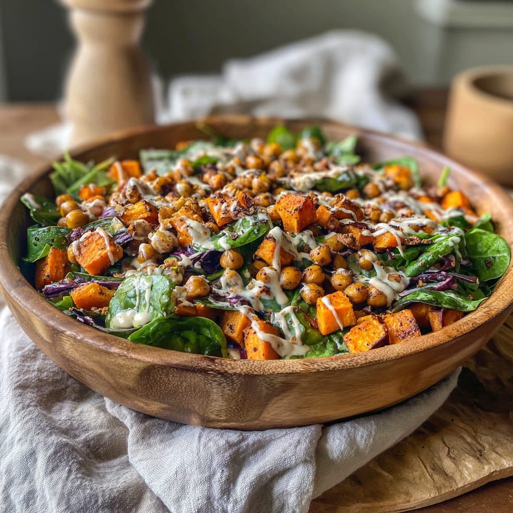 Roasted Sweet Potato and Chickpea Salad with Maple-Tahini Dressing