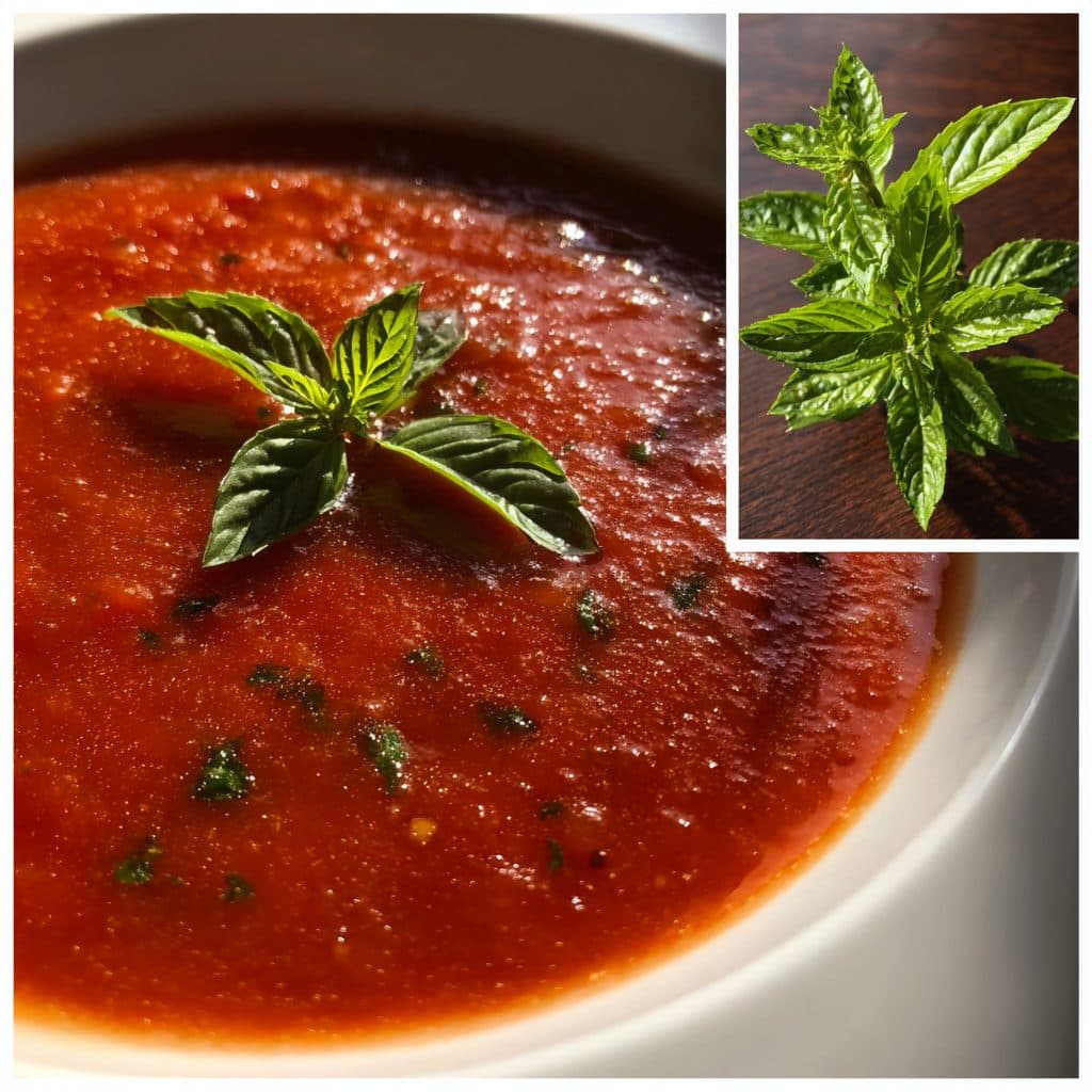 A bowl of red tomato soup with basil leaves.