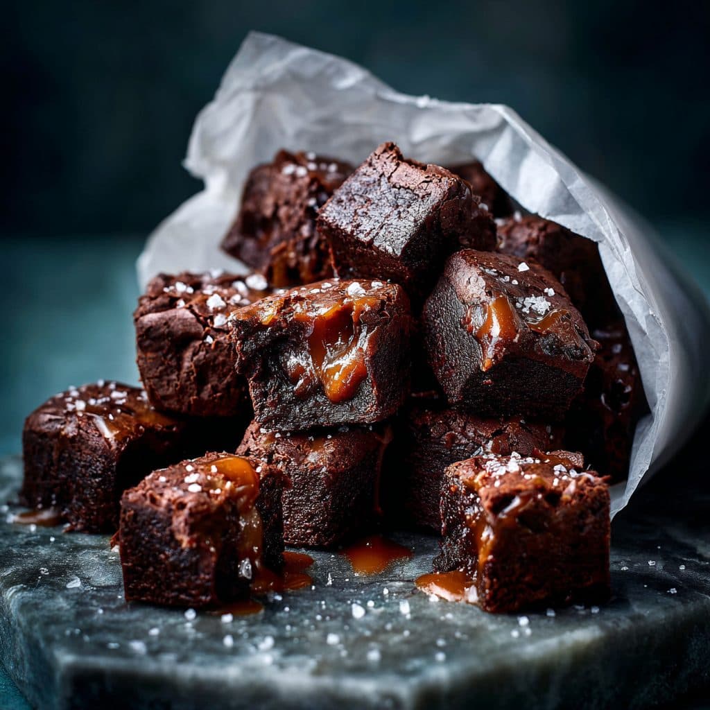 Mini brownie bites with caramel swirl on a plate