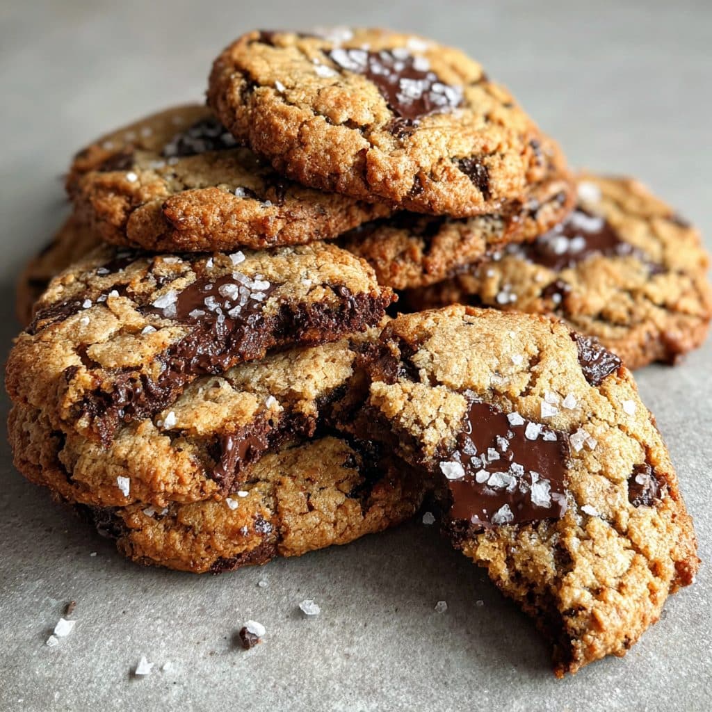 Chewy chocolate chip cookies with tahini and flaky sea salt on a cooling rack