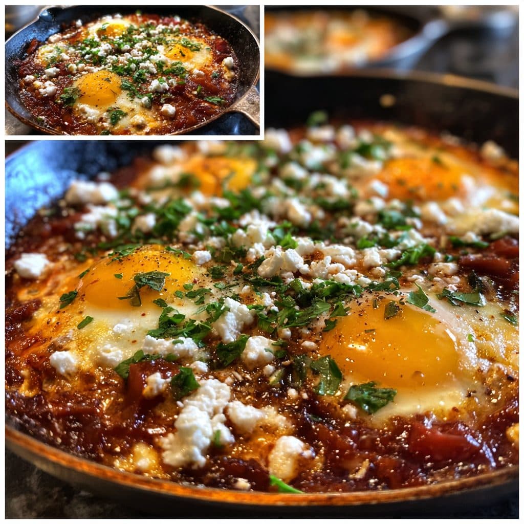 Eggs poached in tomato sauce in a cast iron skillet with feta.