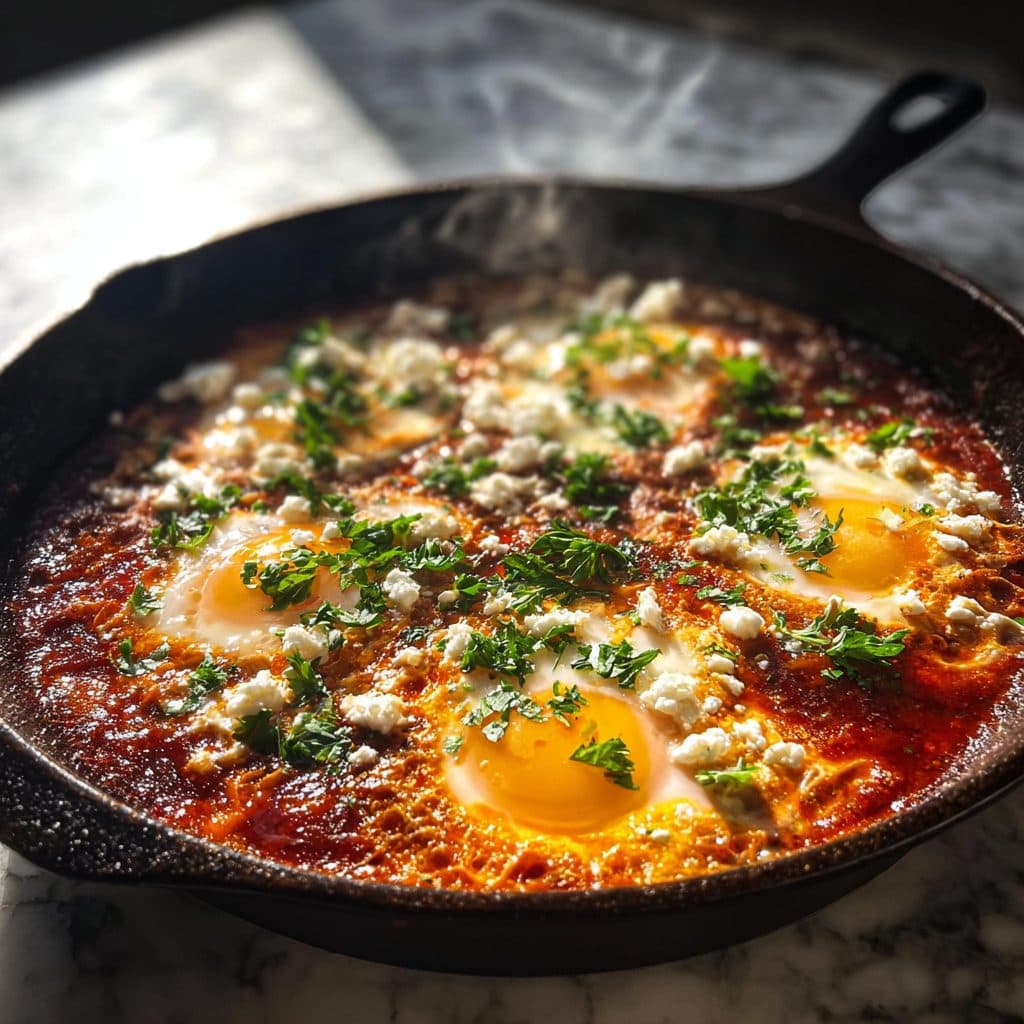 A cast iron skillet of shakshuka with eggs poached in tomato sauce, topped with feta and herbs