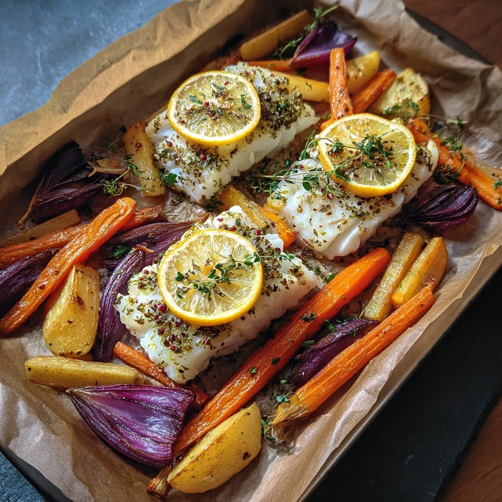 Sheet Pan Lemon Herb Roasted Cod with Root Vegetables