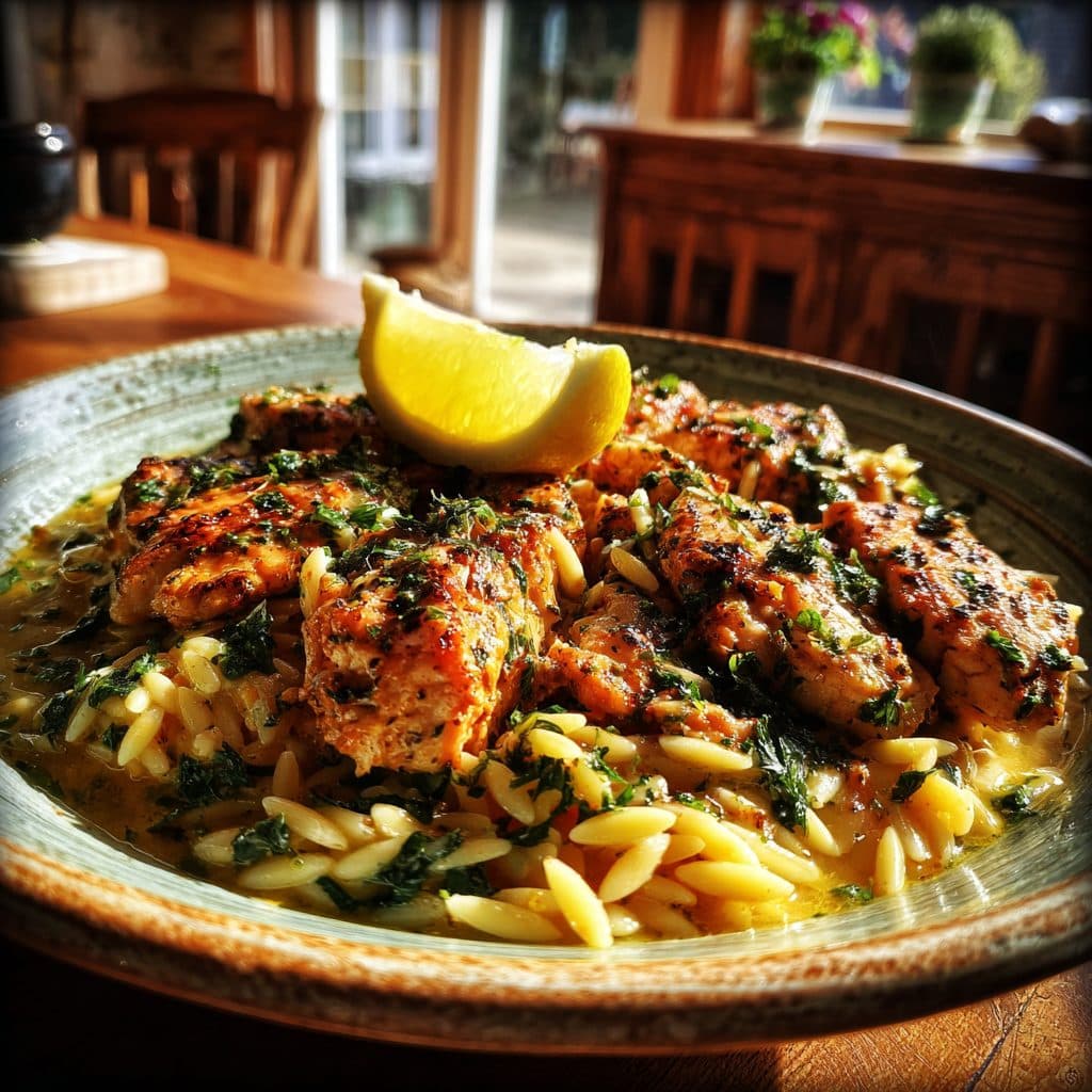 Skillet Chicken with Spring Herbs and Lemon Orzo