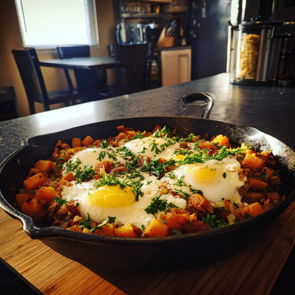 Skillet Corned Beef and Sweet Potato Hash with Poached Eggs