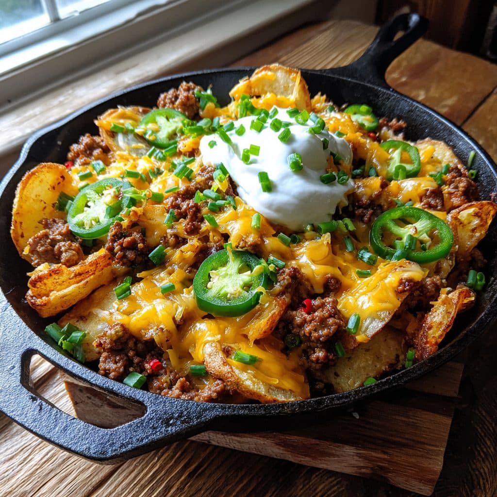 Skillet Irish Nachos with Seasoned Beef