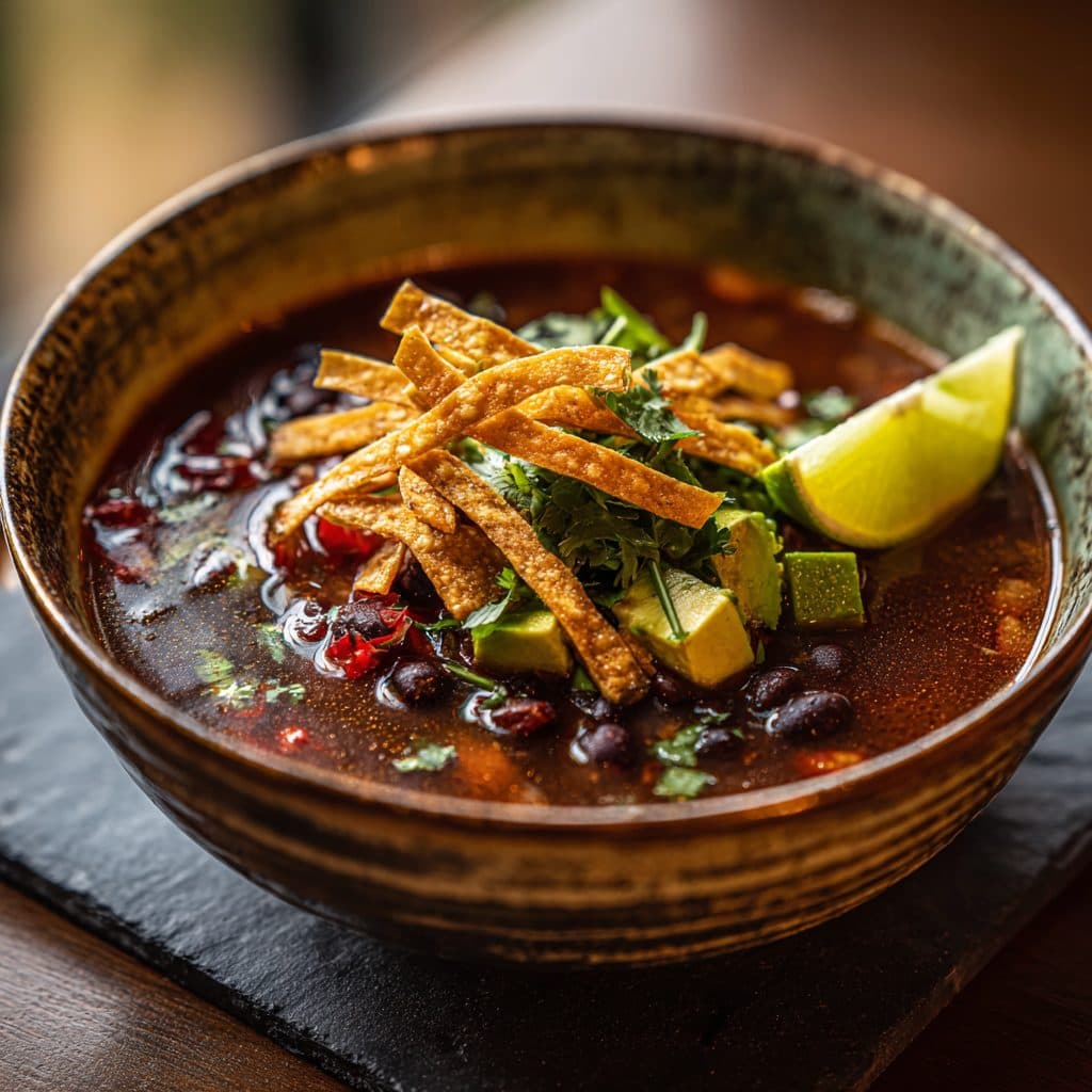 A bowl of black bean soup with avocado and tortilla strips