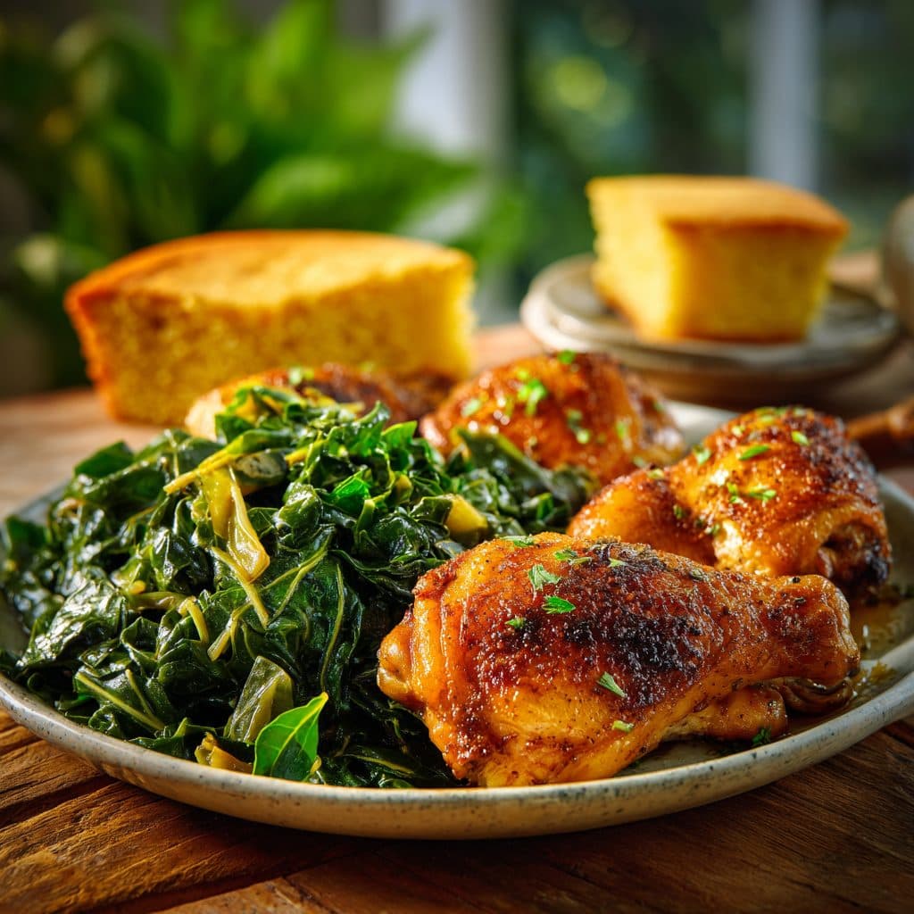 Southern Baked Chicken with Braised Collard Greens and Skillet Cornbread