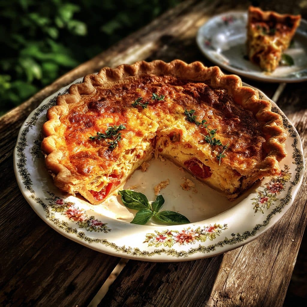 A golden savory tomato pie with a slice removed on a floral plate
