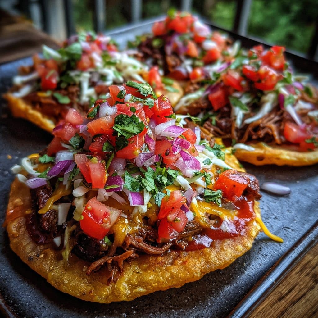 Flat crunchy tortillas topped with meat, beans, and salsa.
