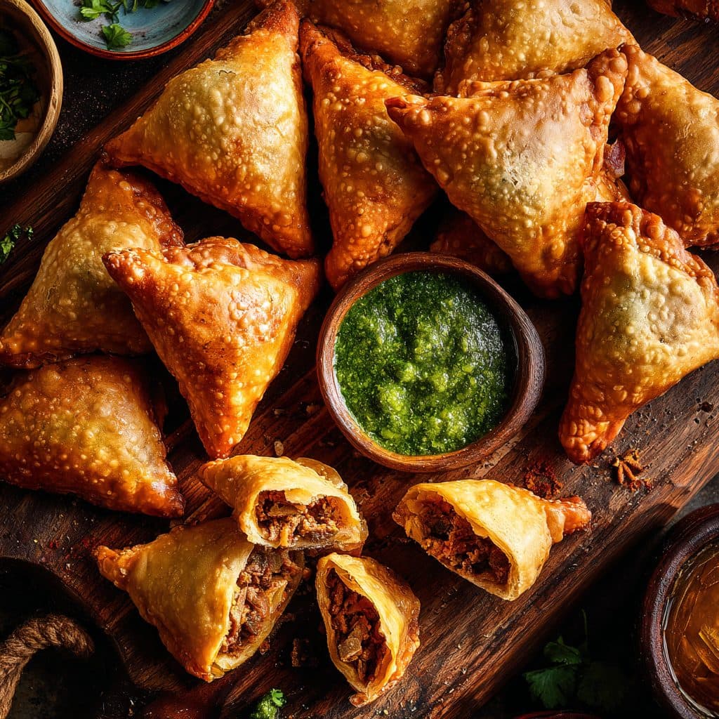 A plate of golden-brown spicy beef samosa pockets with dipping sauce