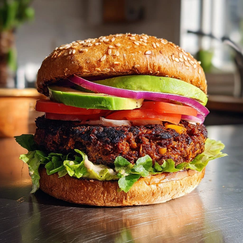 A vegan black bean and sweet potato burger with toppings on a sesame seed bun