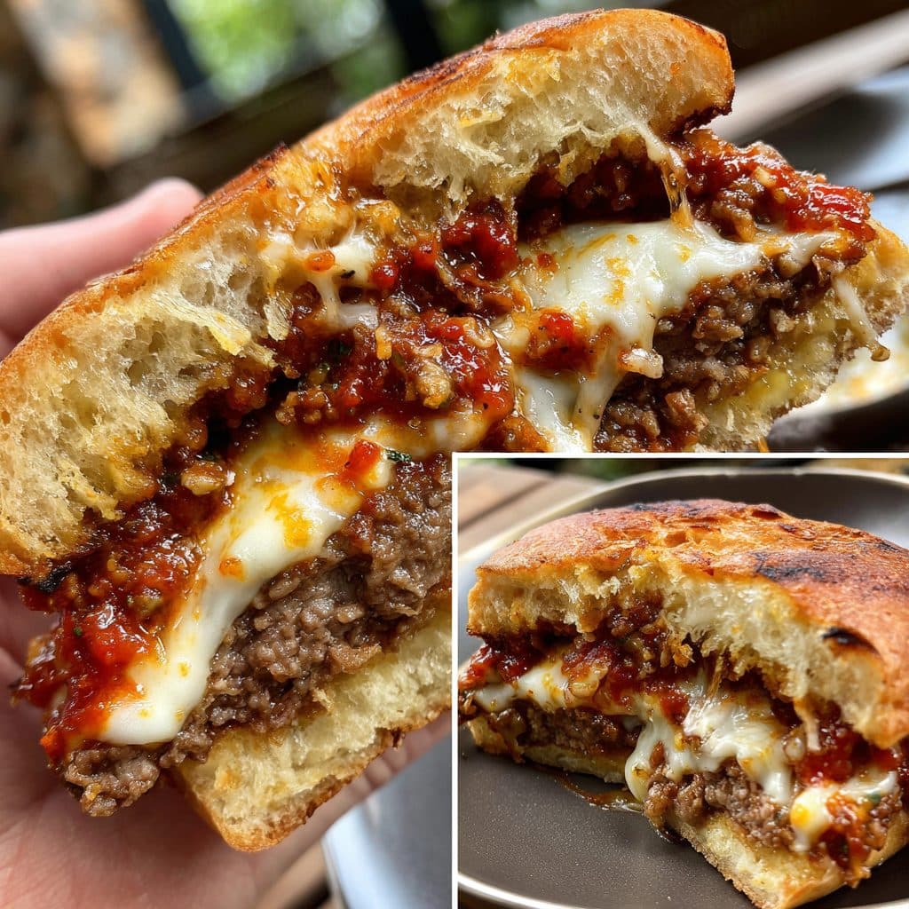 A tall beef burger with melted cheese and red sauce dripping down the side.