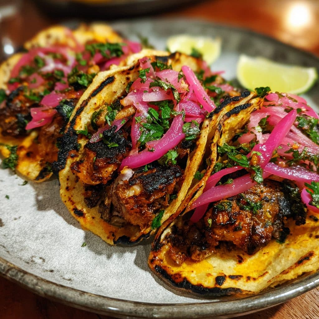 Three small lamb tacos on a plate with lime wedges and cilantro.