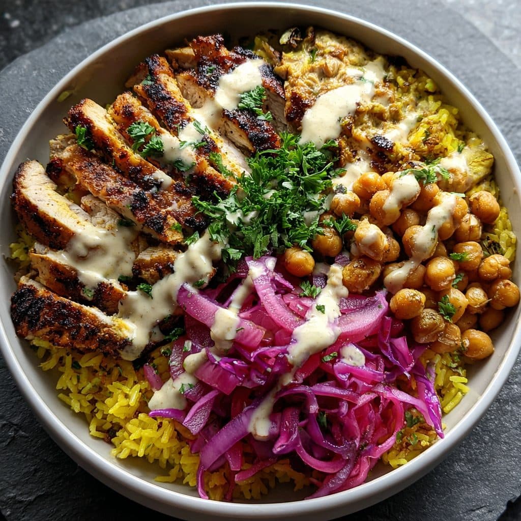A vibrant Spicy Tahini Chicken Bowl with grilled chicken, turmeric rice, vegetables, and tahini sauce in a shallow white bowl