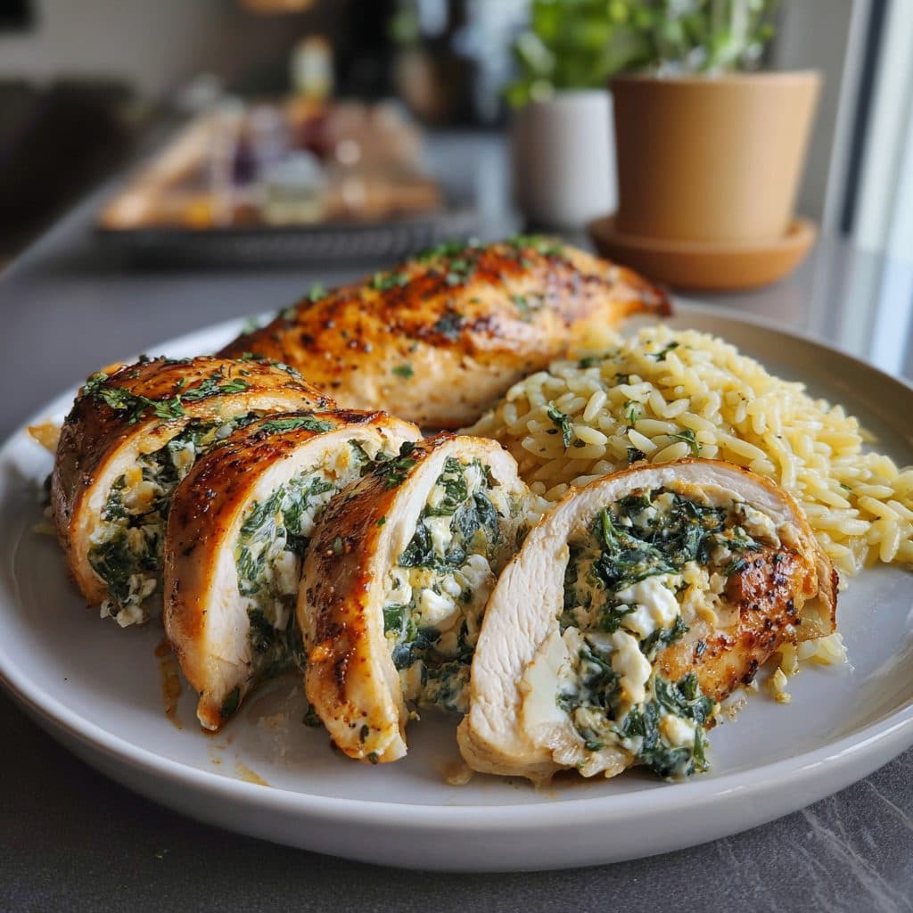 Spinach and Feta Stuffed Chicken Breast with Lemon Orzo