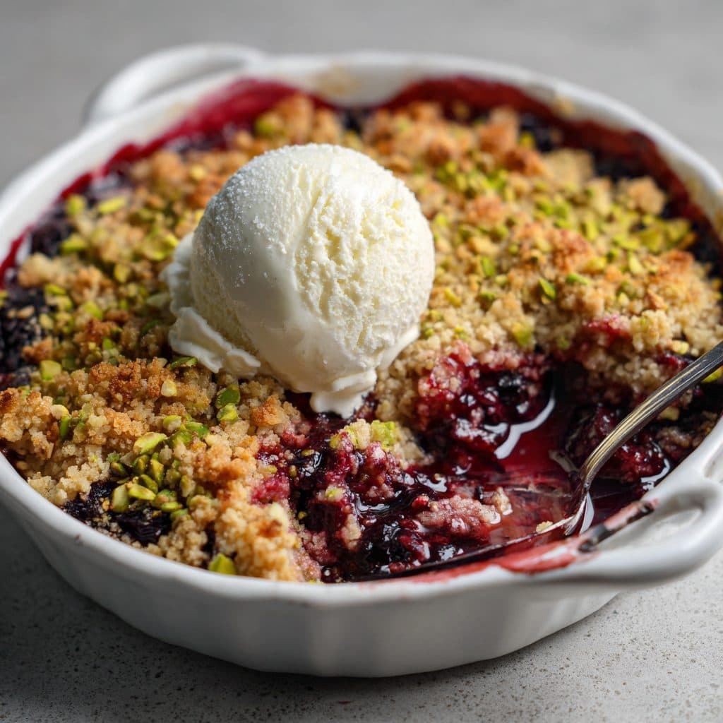 A warm berry pistachio crumble in a baking dish with a scoop of vanilla ice cream