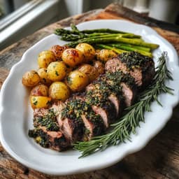 Spring Herb Crusted Lamb Loin with Roasted New Potatoes and Asparagus