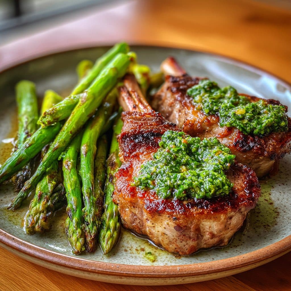 Spring Lamb Chops with Mint Pesto and Roasted Asparagus