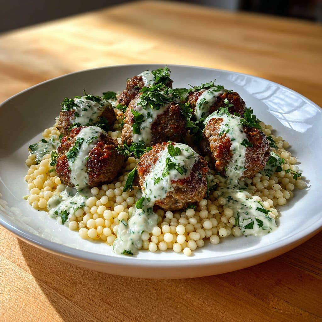 Spring Lamb Meatballs with Herbed Yogurt Sauce and Lemon Pearl Couscous