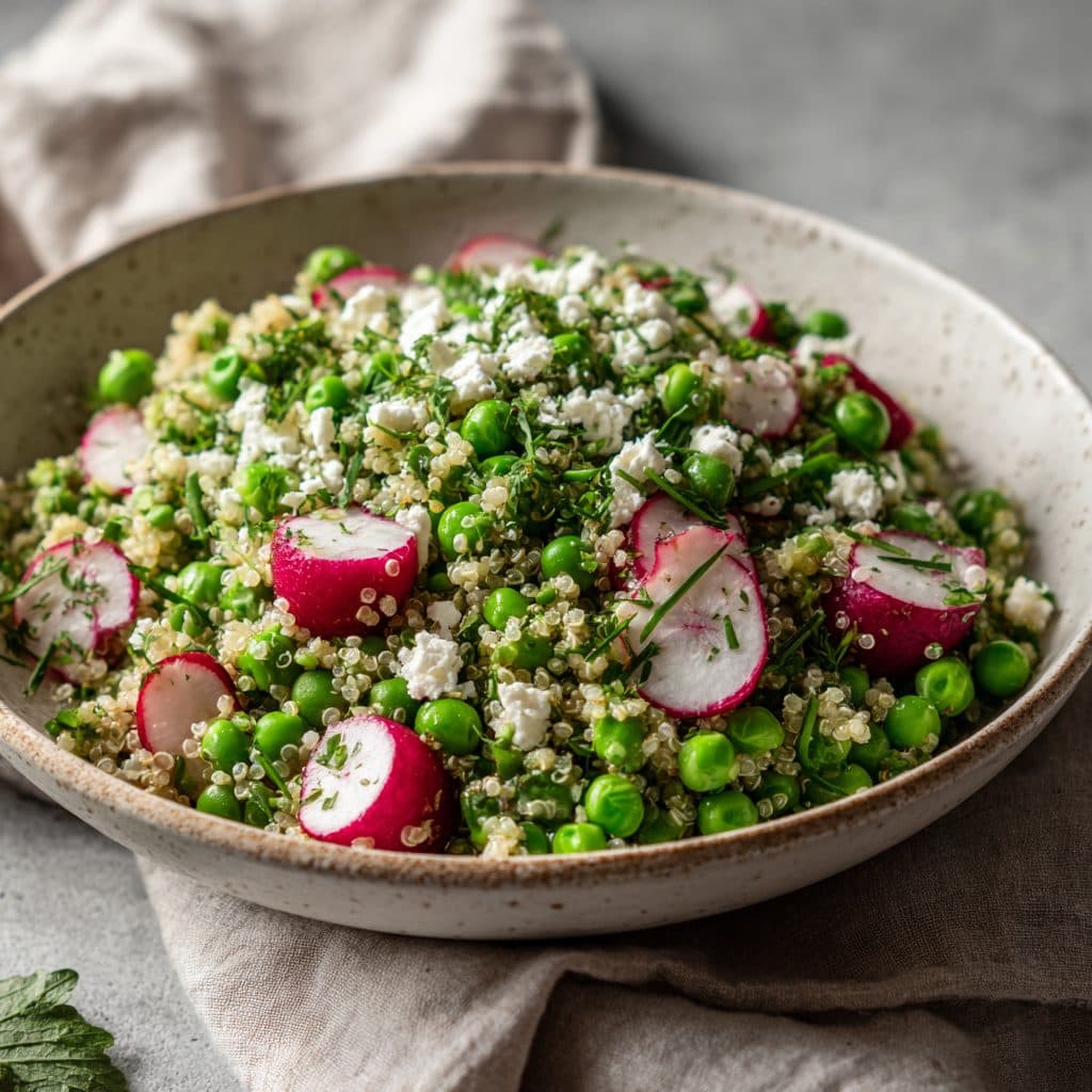 A bright green and white Spring Pea and Mint Quinoa Salad in a large ceramic bowl, showing fresh herbs and vegetables