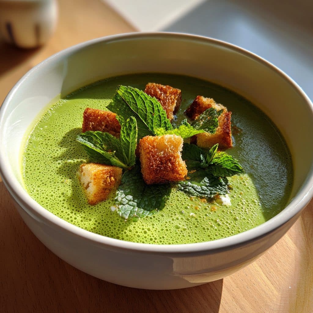 Spring Pea and Mint Soup with Crispy Croutons