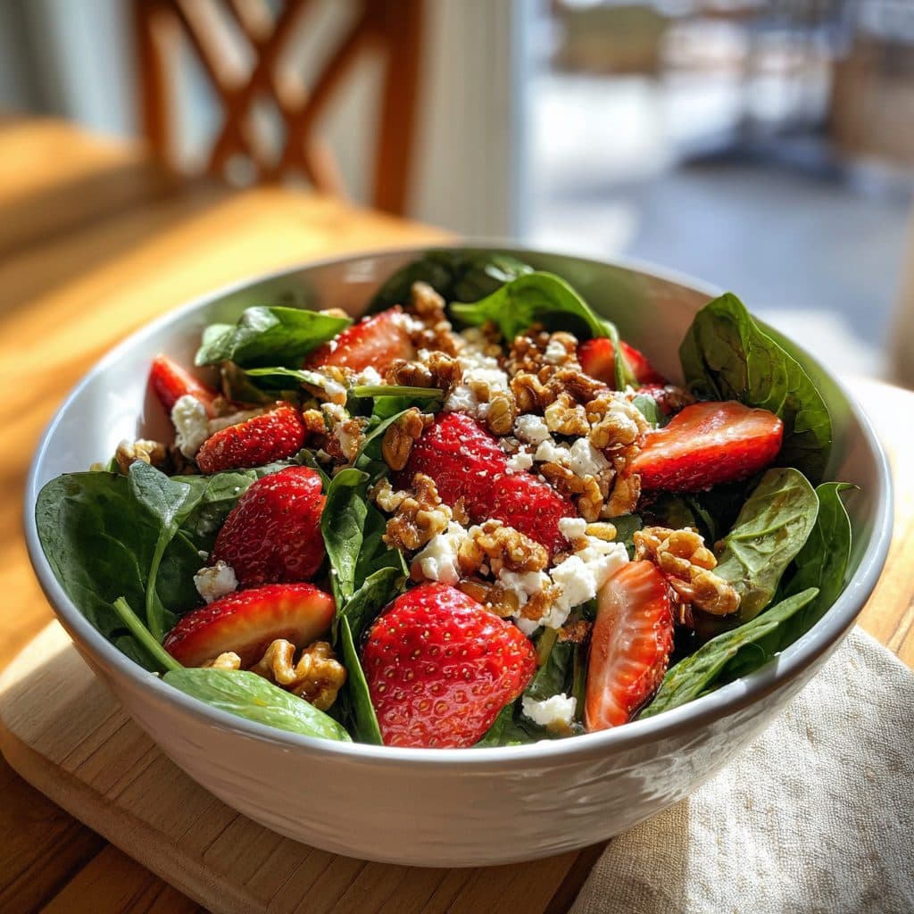 Spring Strawberry Spinach Salad with Candied Walnuts and Balsamic Vinaigrette
