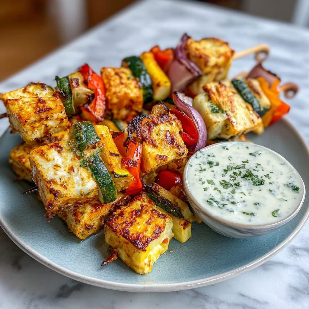 Spring Vegetable & Halloumi Skewers with Mint Yogurt Dip