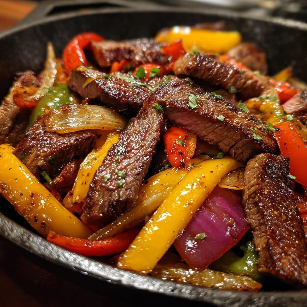 A bowl with strips of beef, peppers, and rice.