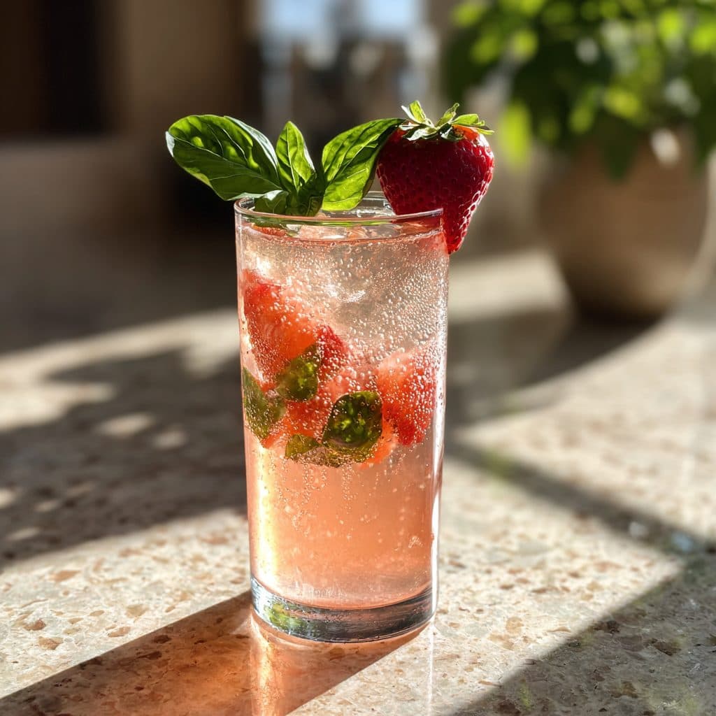 A tall glass of pink sparkling lemonade with strawberries and basil leaves on ice