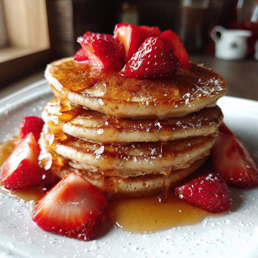 A stack of pancakes topped with strawberries and syrup.