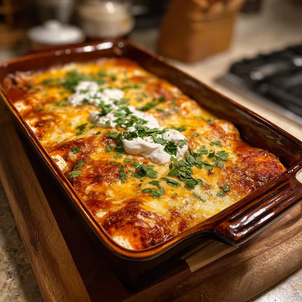 A baking dish of cheesy enchiladas with sweet potato and black beans