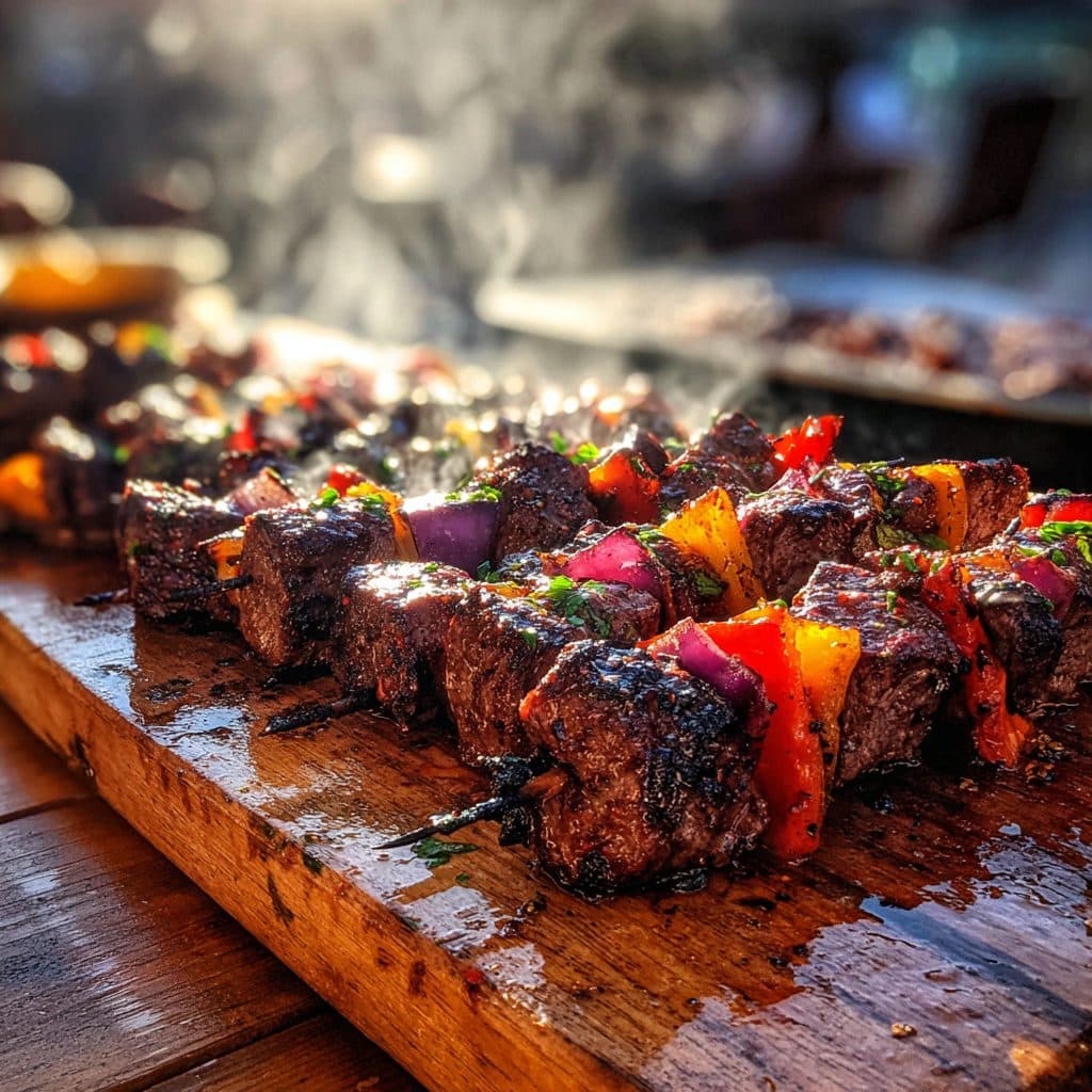 Grilled steak and vegetable skewers with char marks