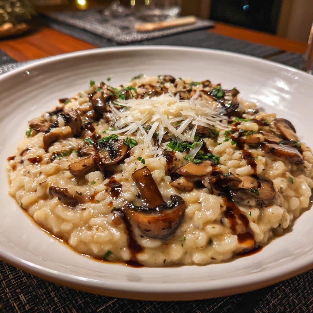 A creamy bowl of risotto with mushrooms and truffle oil
