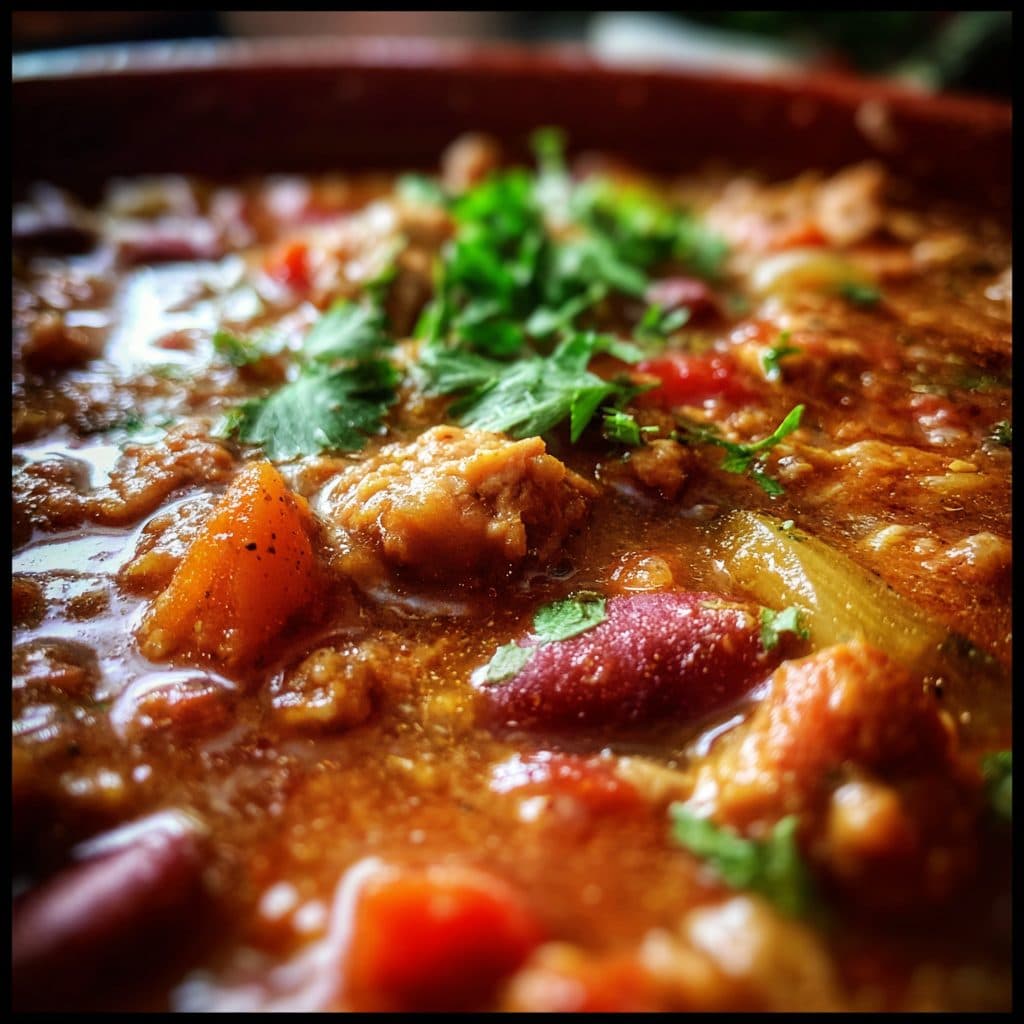 A bowl of turkey chili with beans and a swirl of yogurt.
