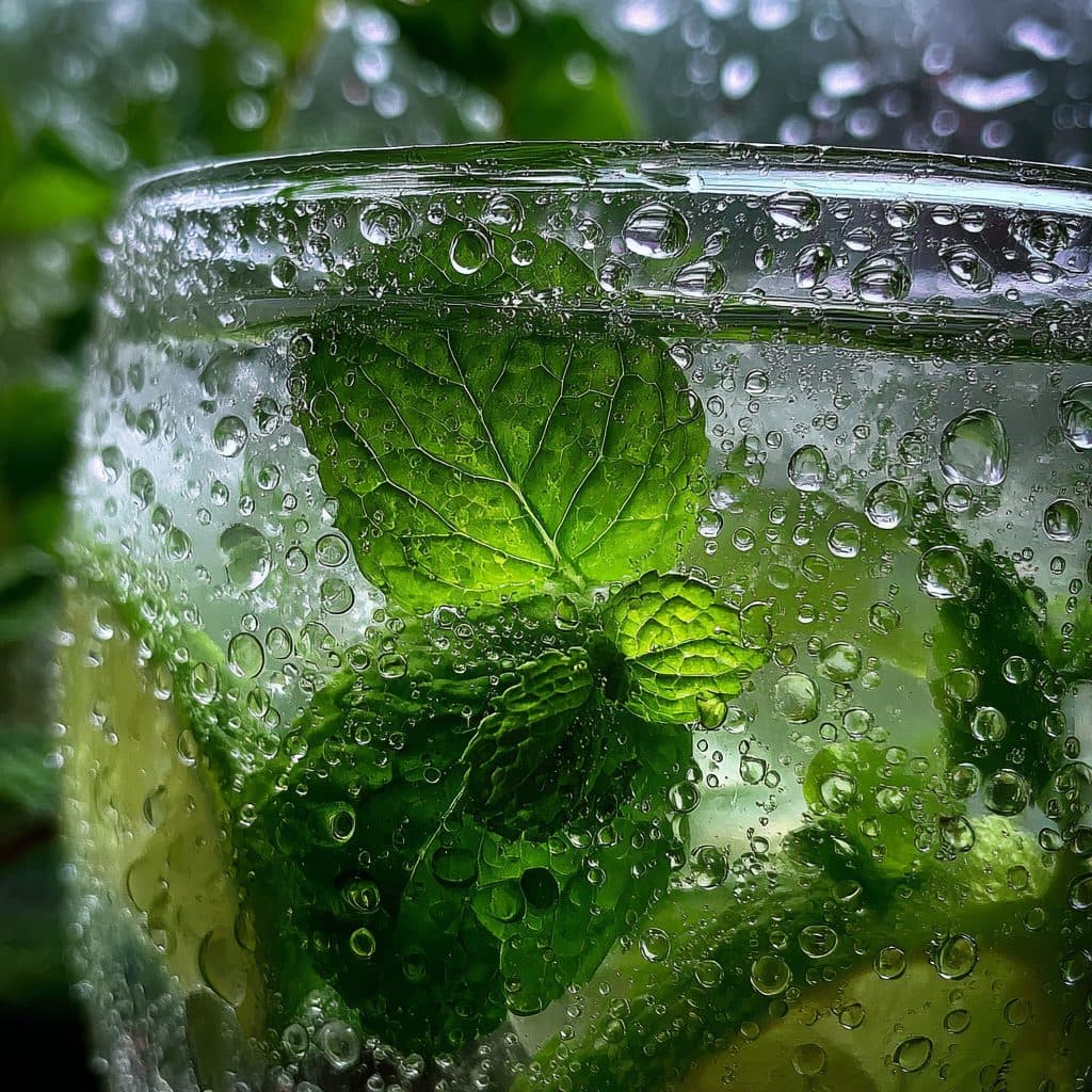 A tall glass of green-tinted lemonade with mint leaves and ice.