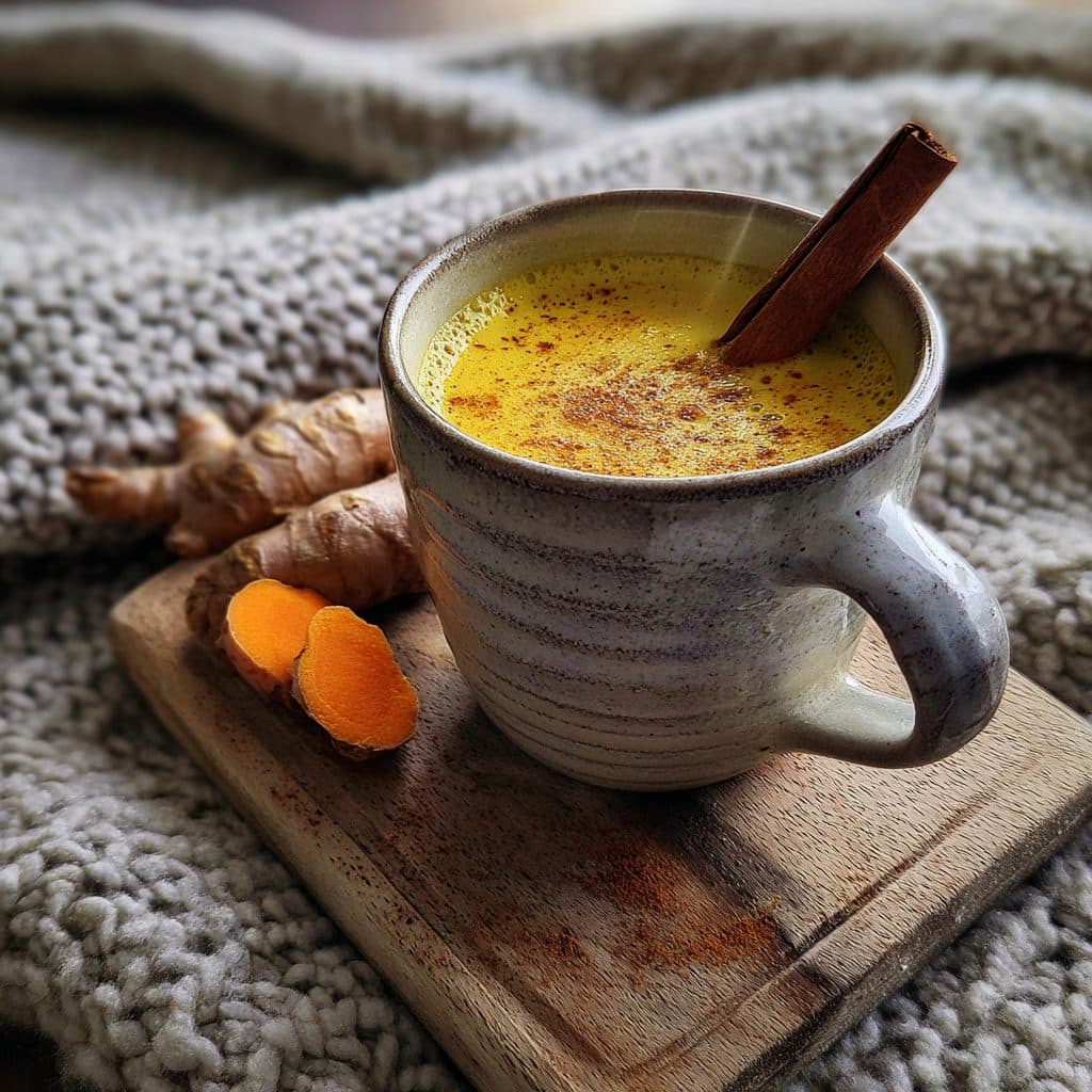 A steaming mug of turmeric golden milk latte with a cinnamon stick and fresh turmeric slice