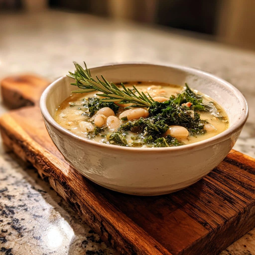 A creamy white bean soup with greens in a rustic bowl