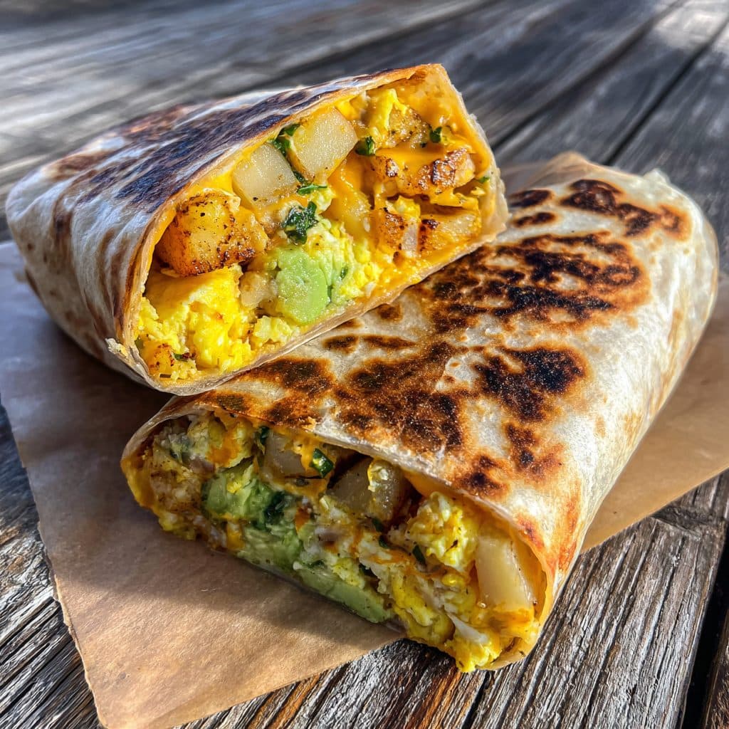A large grilled breakfast burrito cut in half on a plate