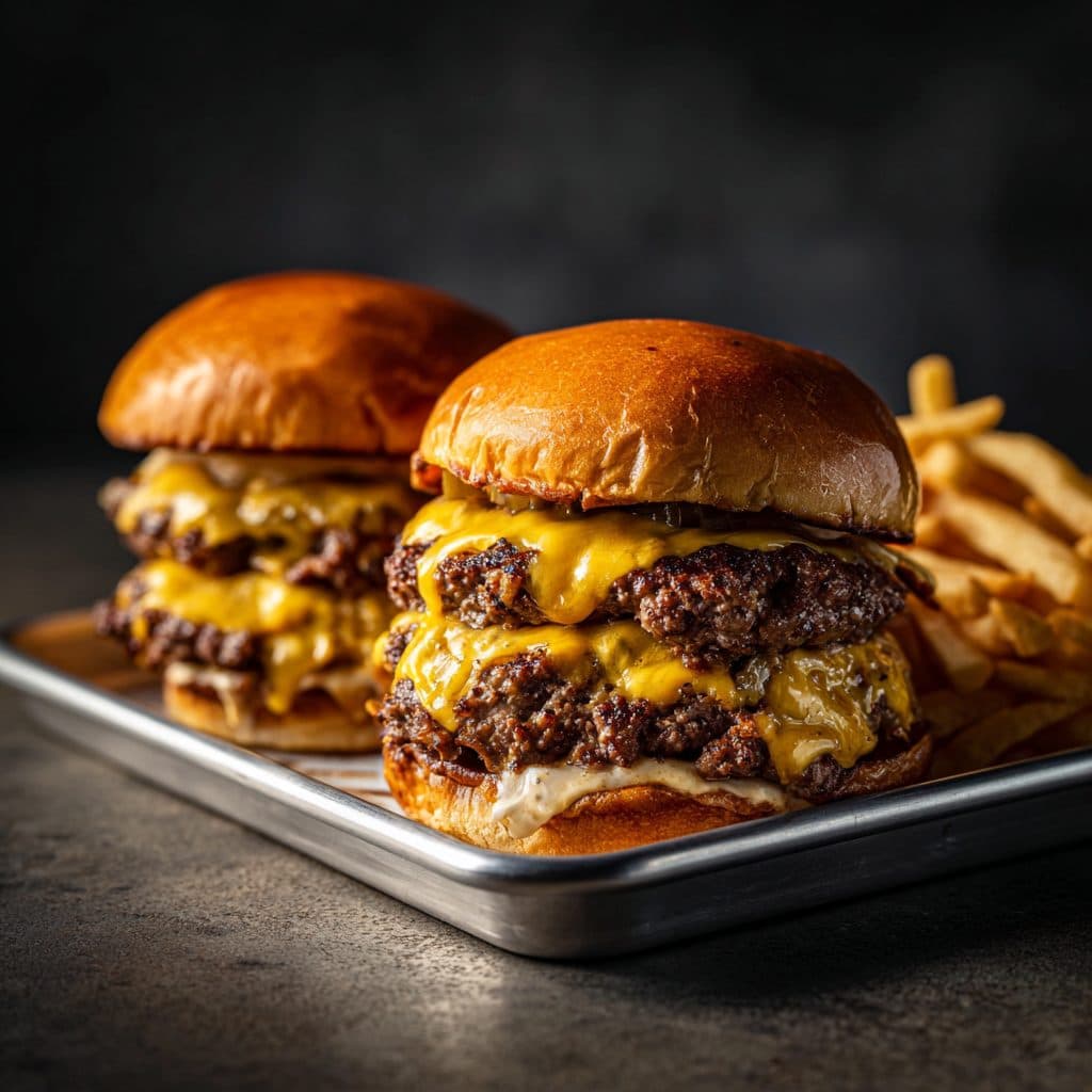 Two juicy double cheeseburgers with melty cheese and special sauce on brioche buns, served with crispy fries on a metal tray