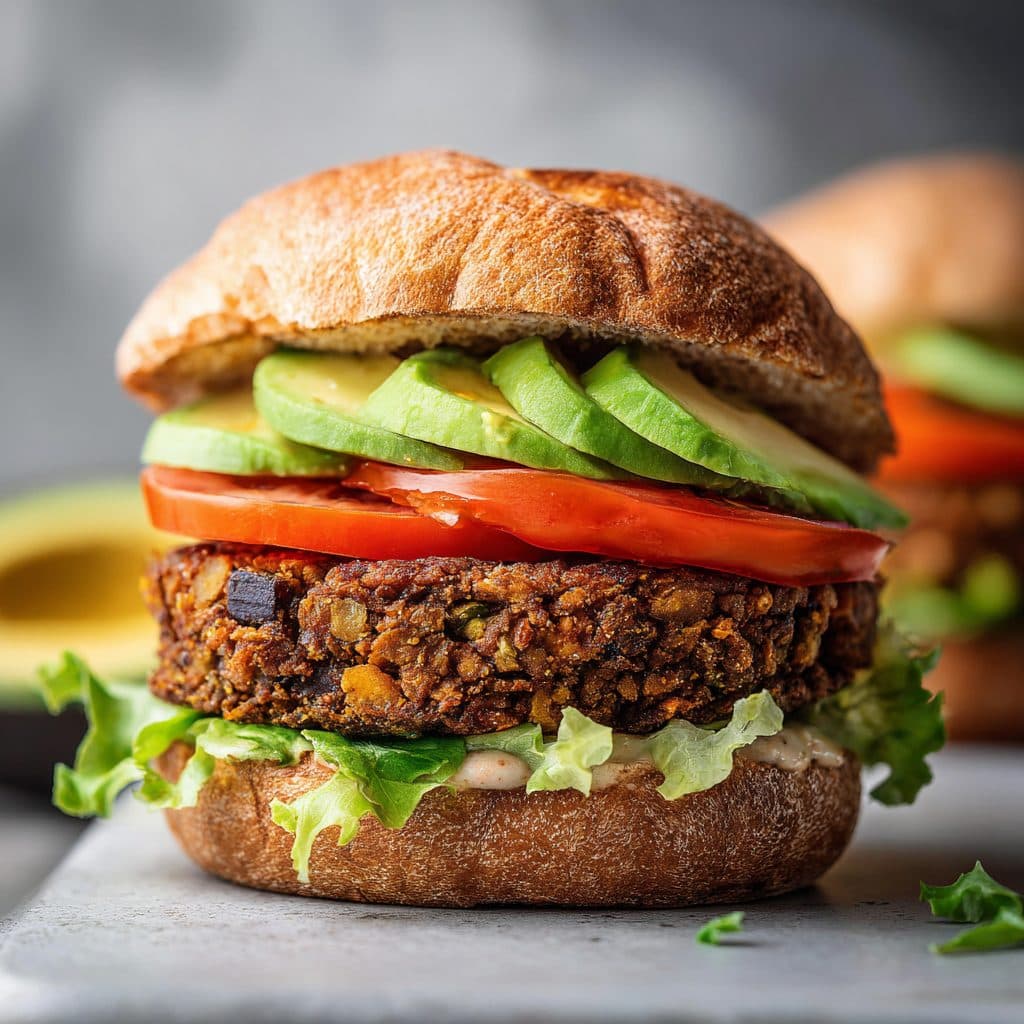 A crispy vegan black bean burger on a bun with lettuce, tomato, and avocado